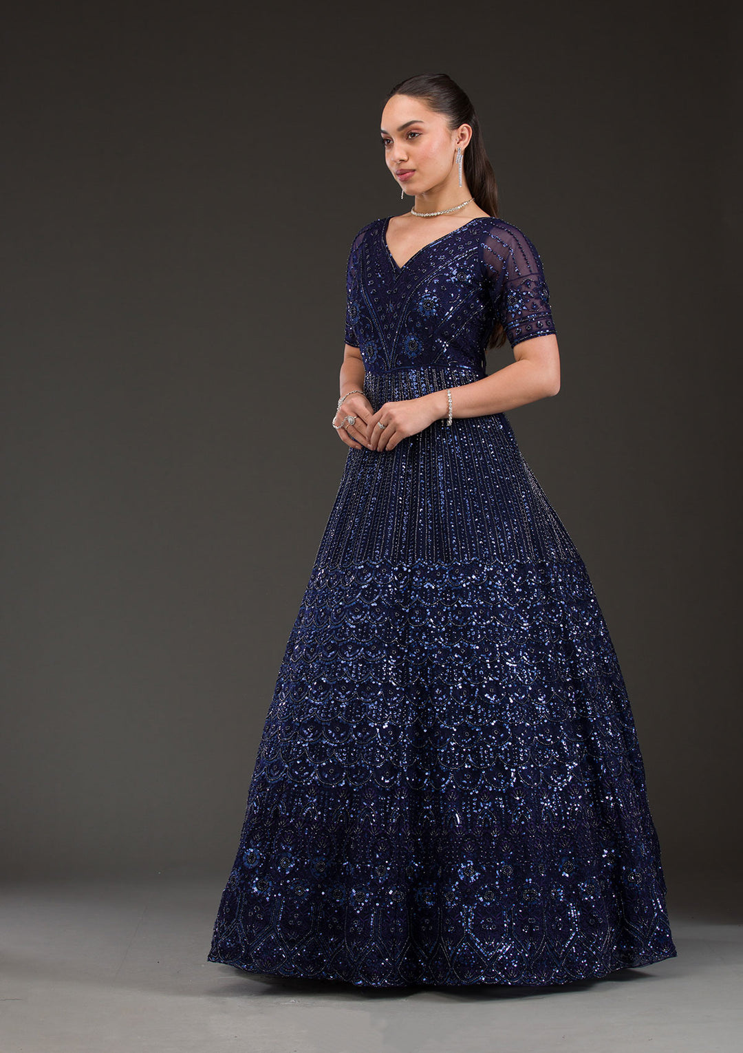 Navy Blue Sequins Net Gown
