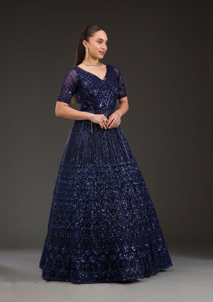 Navy Blue Sequins Net Gown
