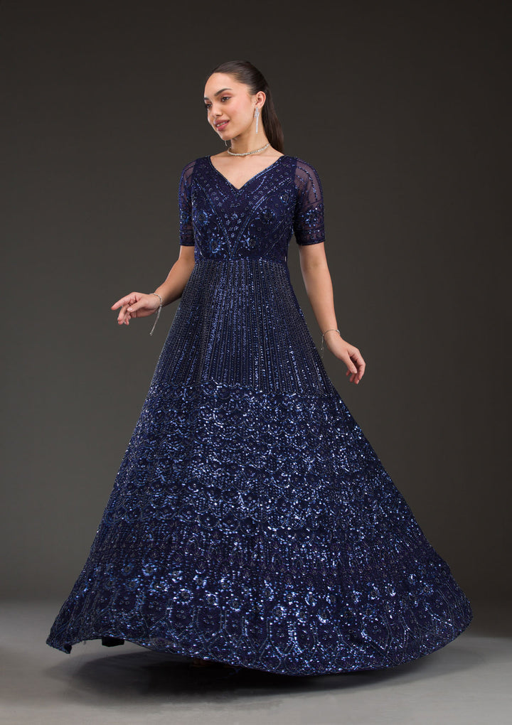 Navy Blue Sequins Net Gown
