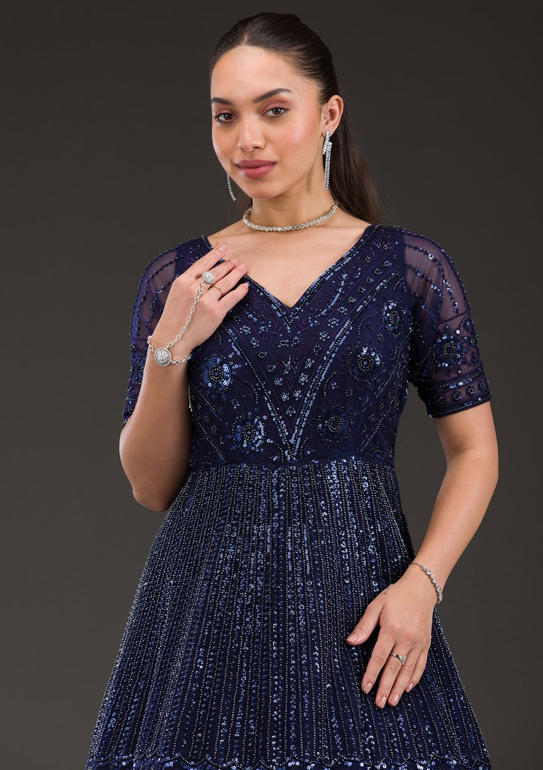 Navy Blue Sequins Net Gown