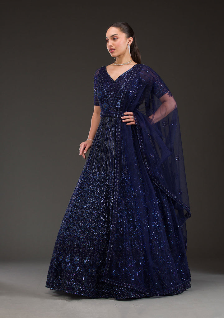 Navy Blue Sequins Net Gown