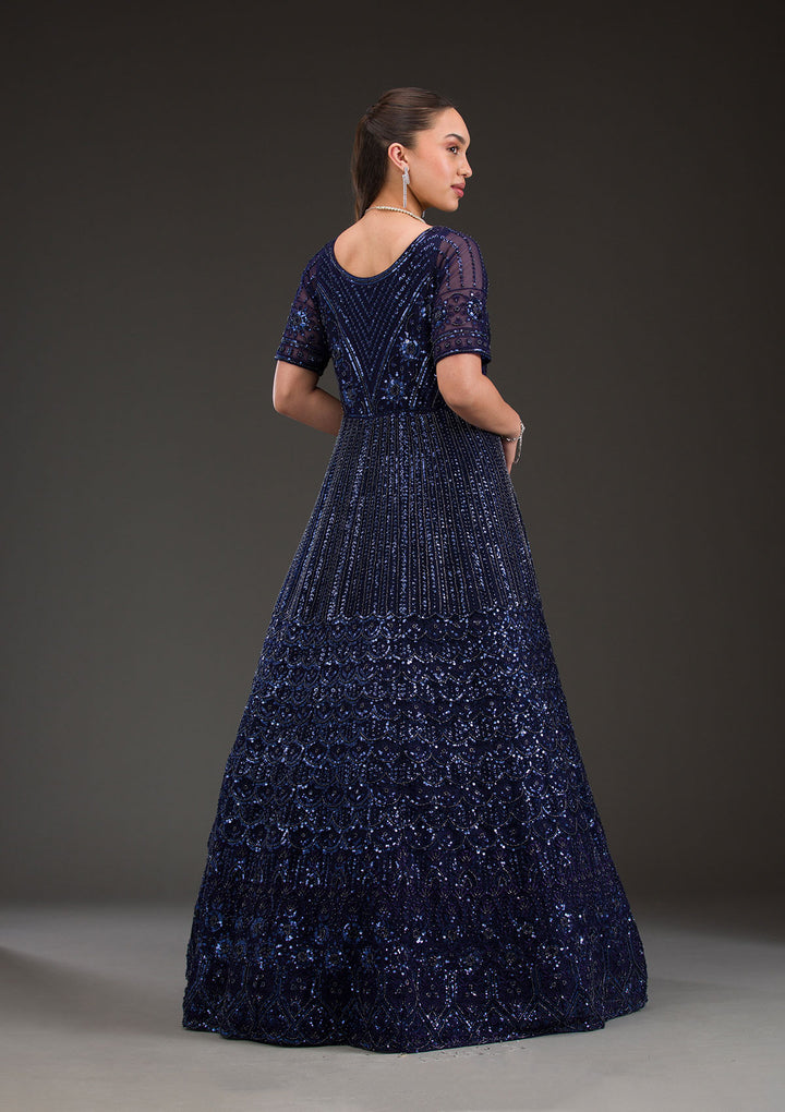 Navy Blue Sequins Net Gown