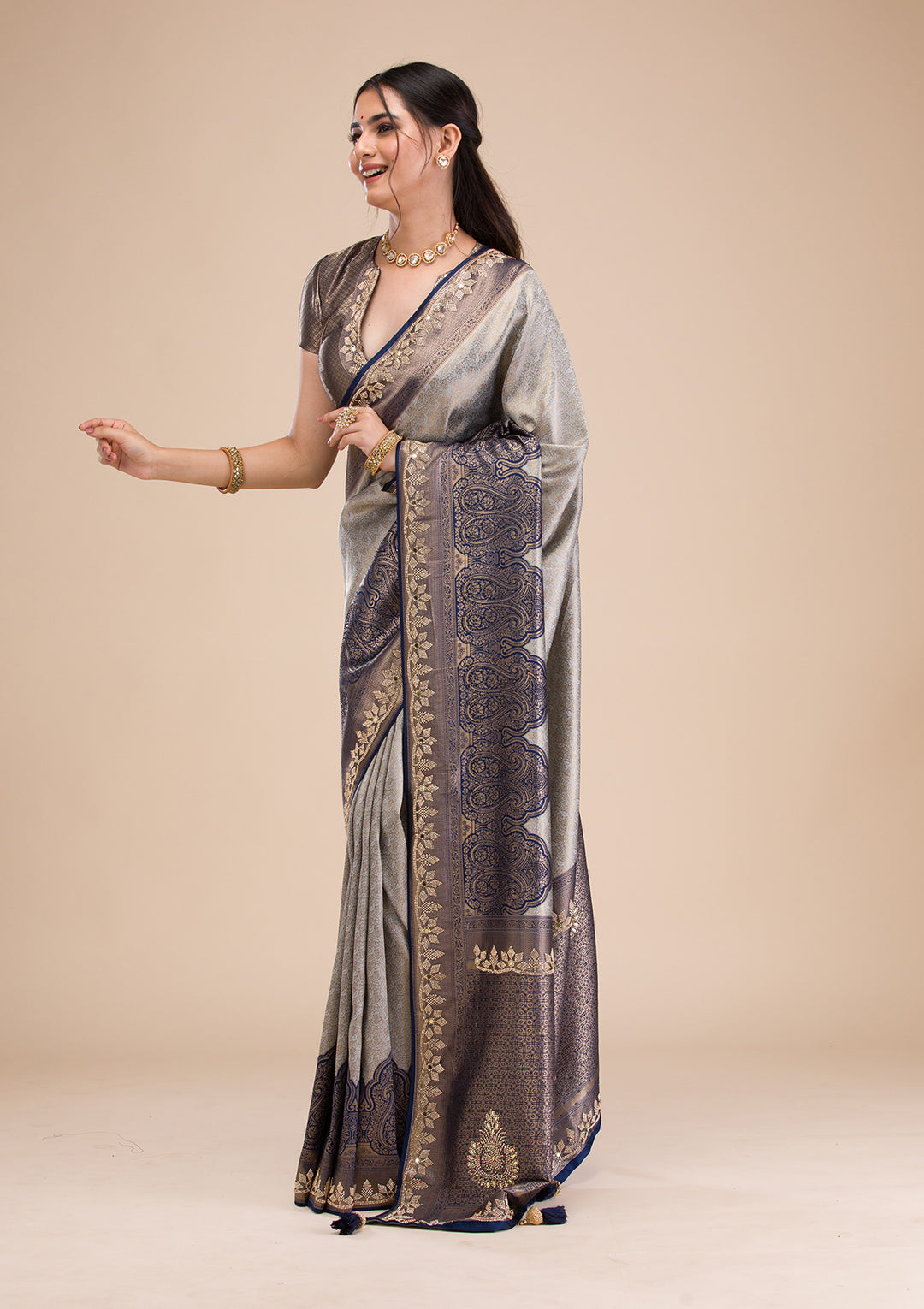 Navy Blue Stonework Soft Silk Saree