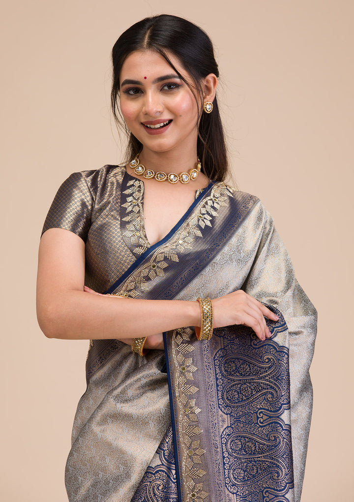 Navy Blue Stonework Soft Silk Saree