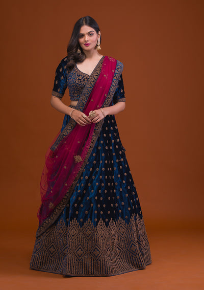 Navy Blue Stonework Velvet Readymade Lehenga-Koskii