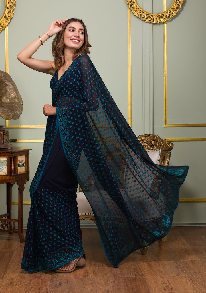 Navy Blue Swarovski Georgette Saree-Koskii