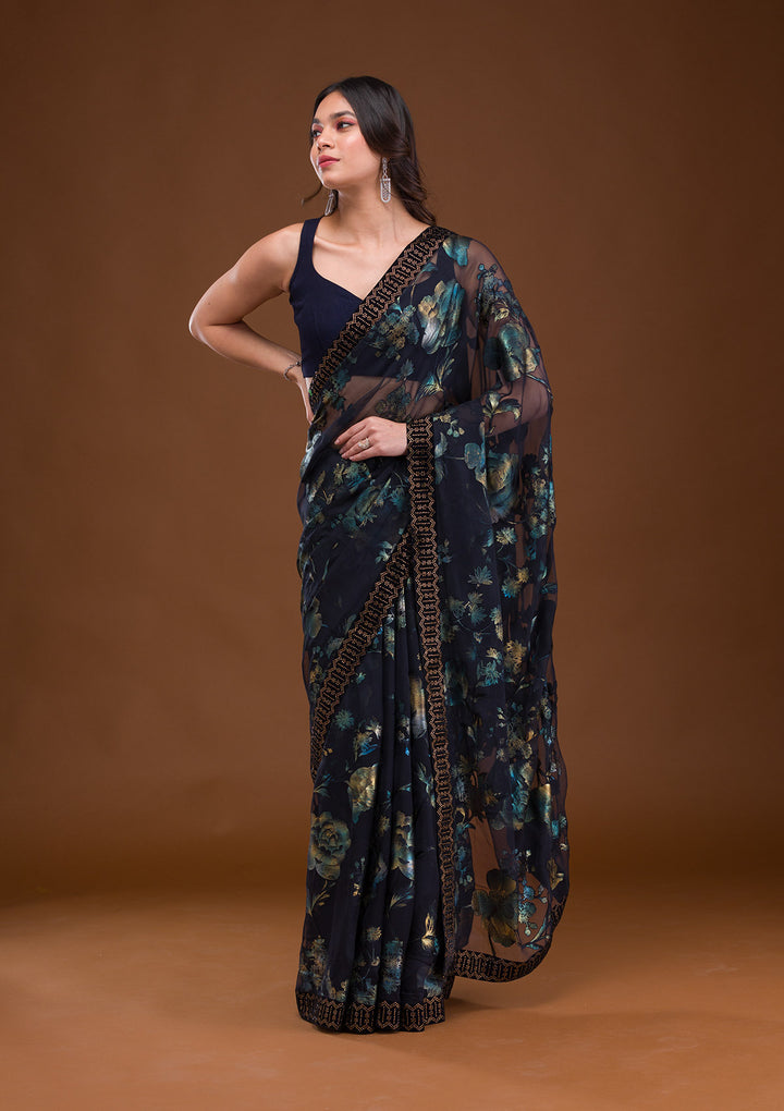 Navy Blue Swarovski Georgette Saree
