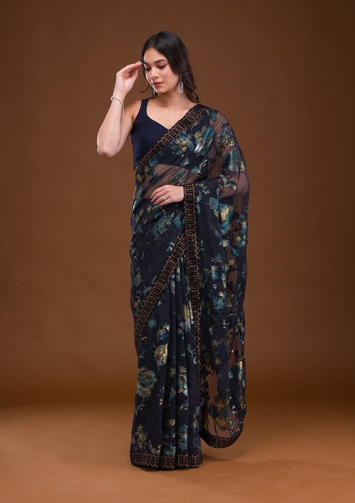 Navy Blue Swarovski Georgette Saree