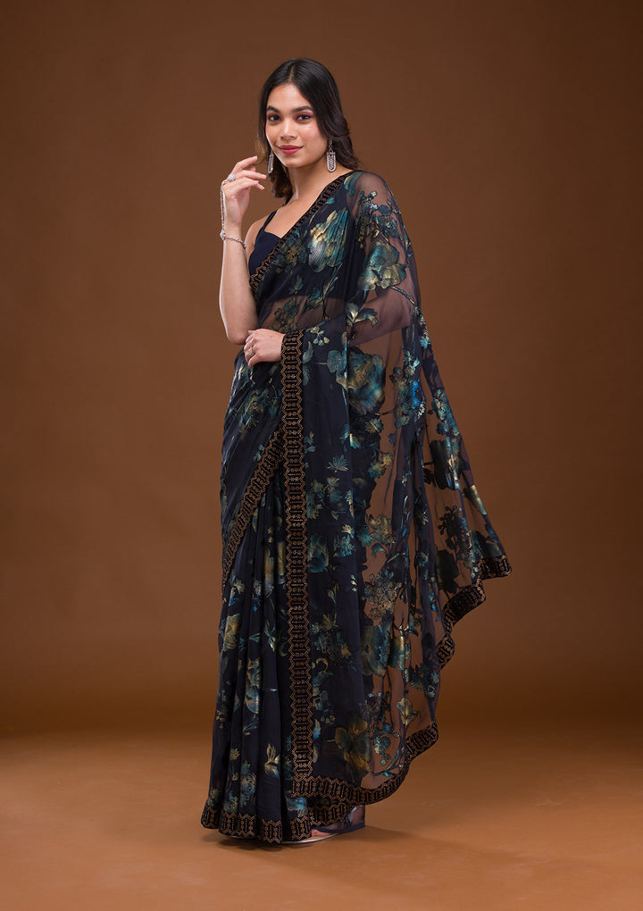 Navy Blue Swarovski Georgette Saree