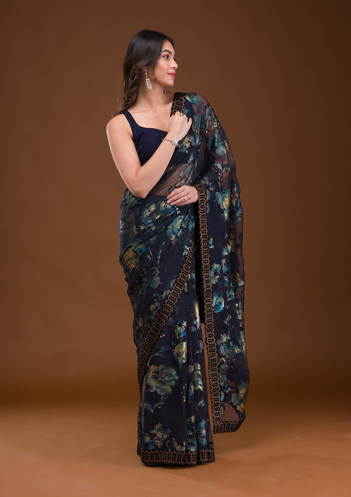 Navy Blue Swarovski Georgette Saree