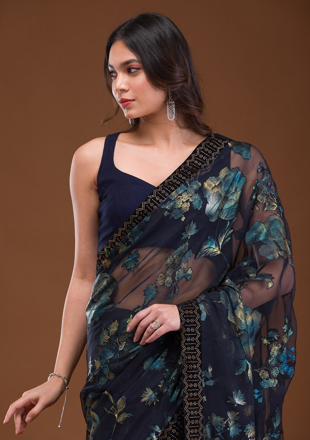 Navy Blue Swarovski Georgette Saree