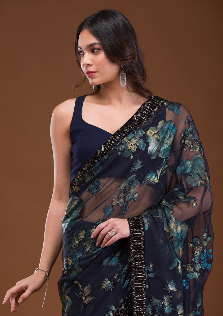 Navy Blue Swarovski Georgette Saree