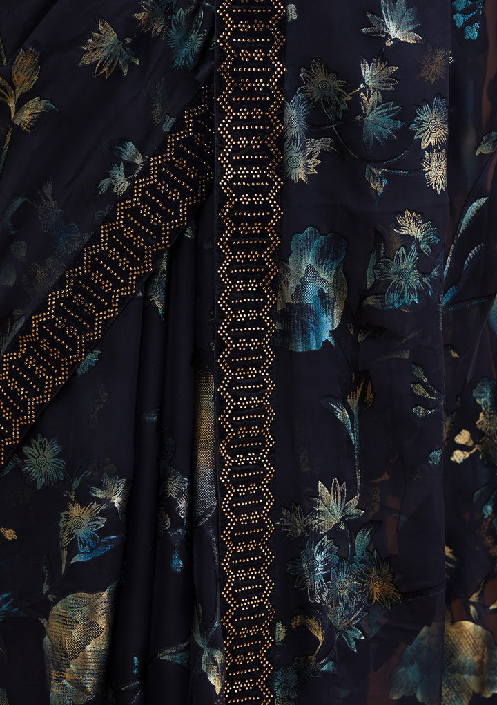 Navy Blue Swarovski Georgette Saree