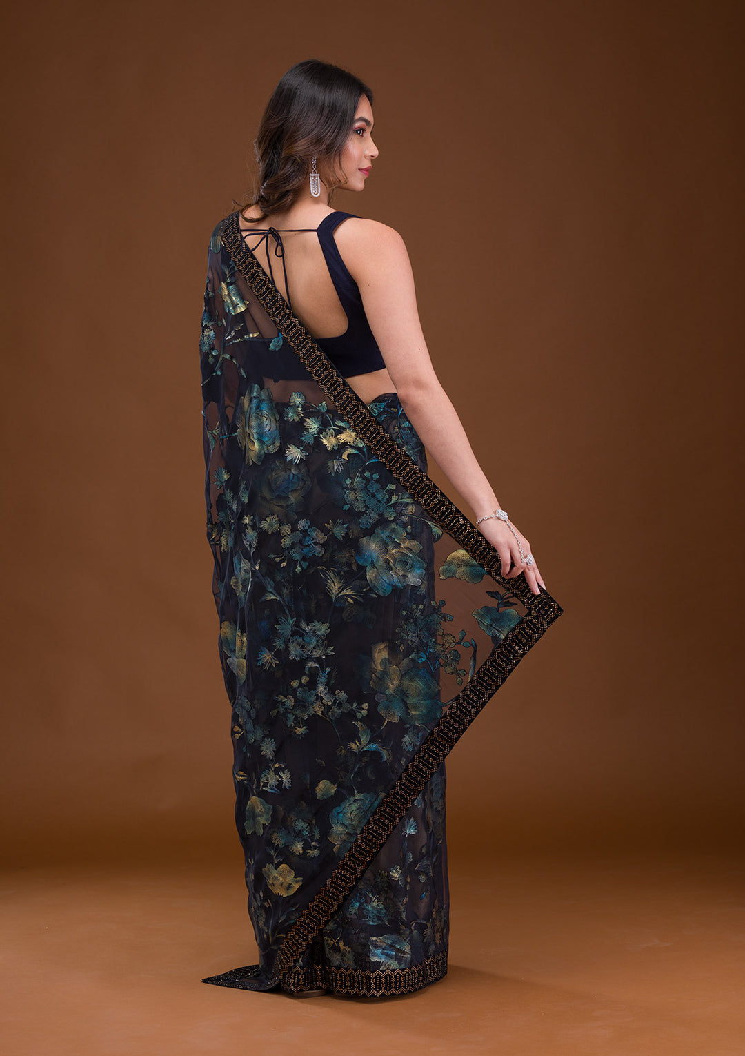 Navy Blue Swarovski Georgette Saree