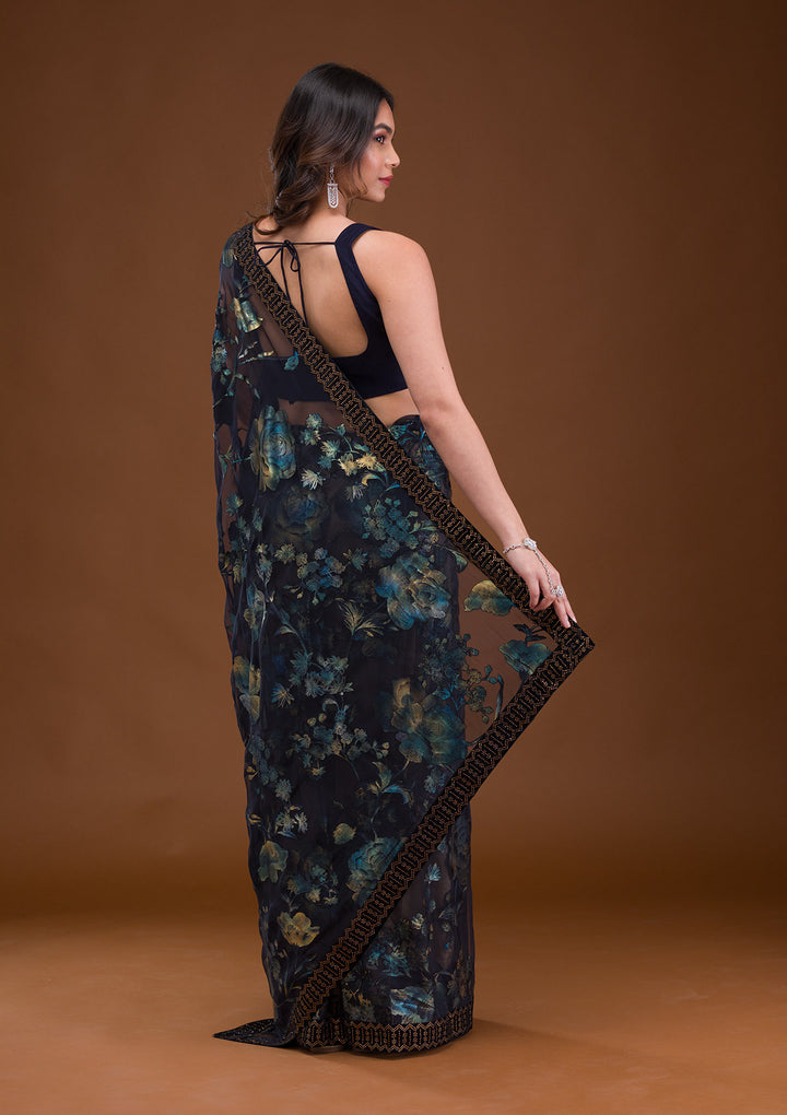 Navy Blue Swarovski Georgette Saree