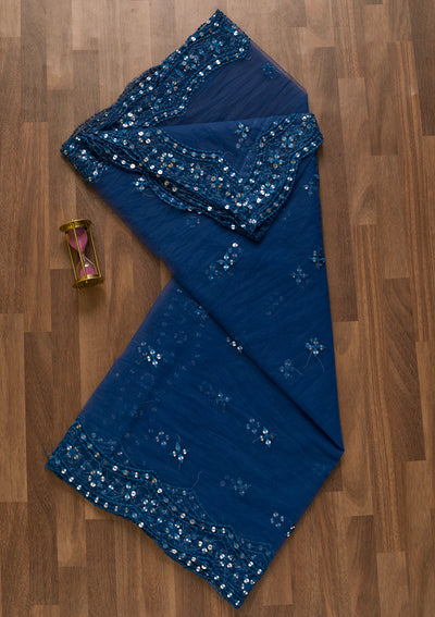 Navy Blue Threadwork Net Dupatta-Koskii