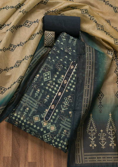 Navy Blue Threadwork Chanderi Unstitched Salwar Suit-Koskii