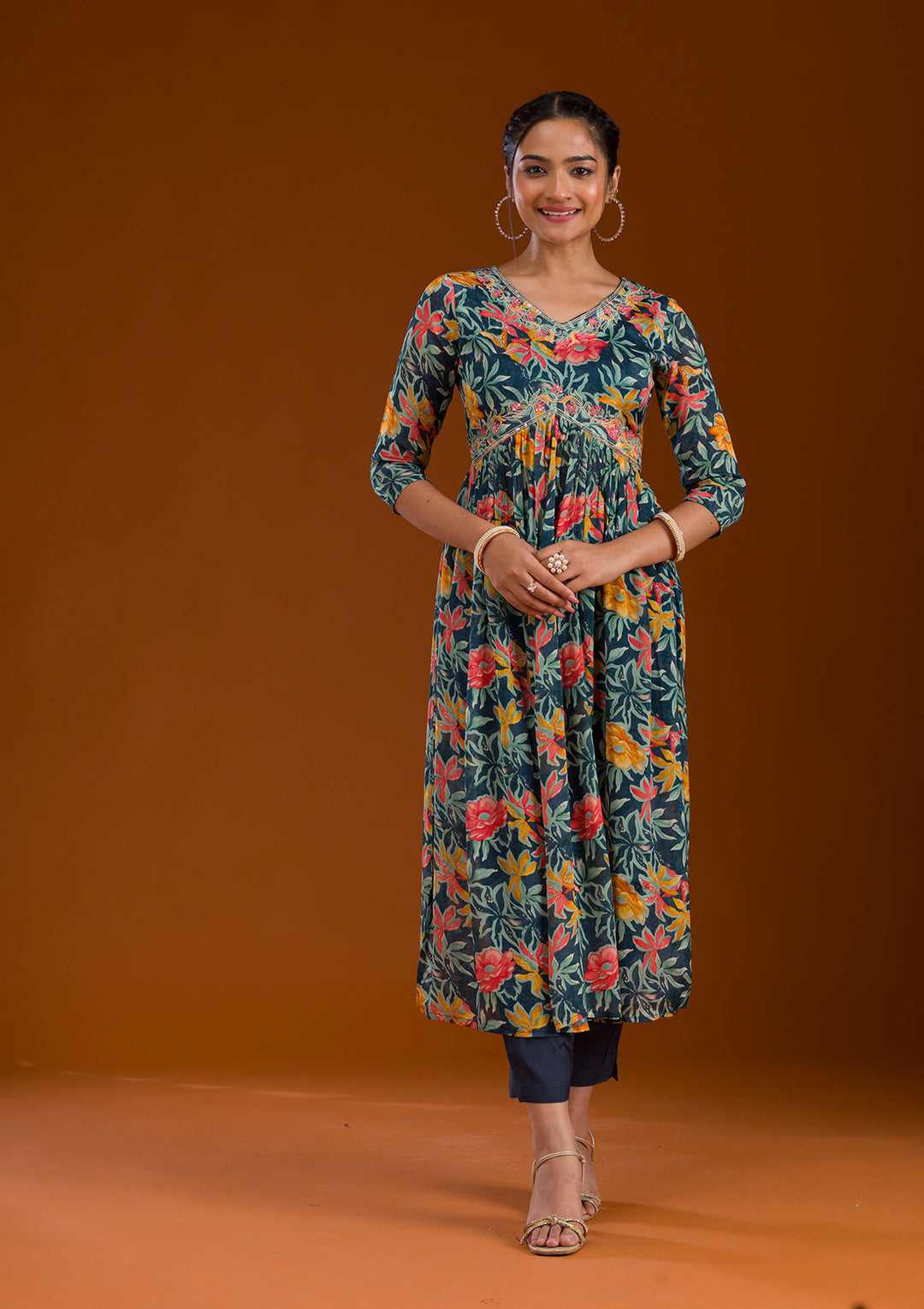 Navy Blue Threadwork Chiffon Readymade Salwar Suit