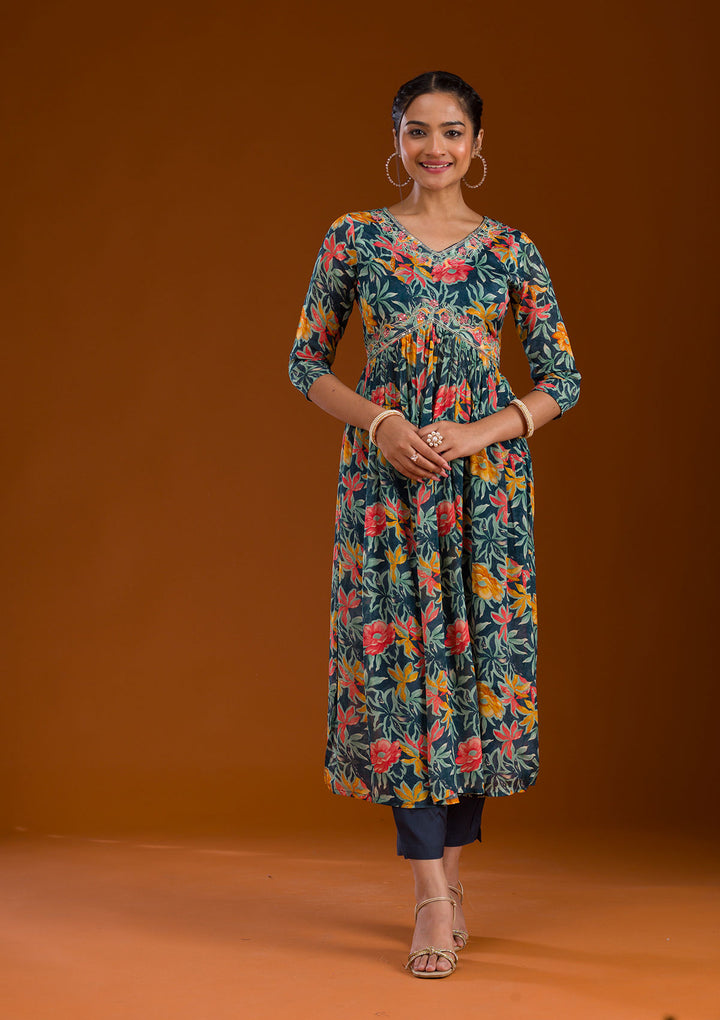 Navy Blue Threadwork Chiffon Readymade Salwar Suit
