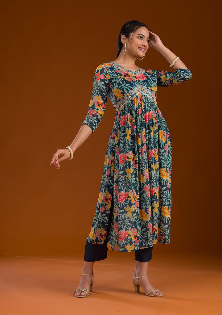 Navy Blue Threadwork Chiffon Readymade Salwar Suit