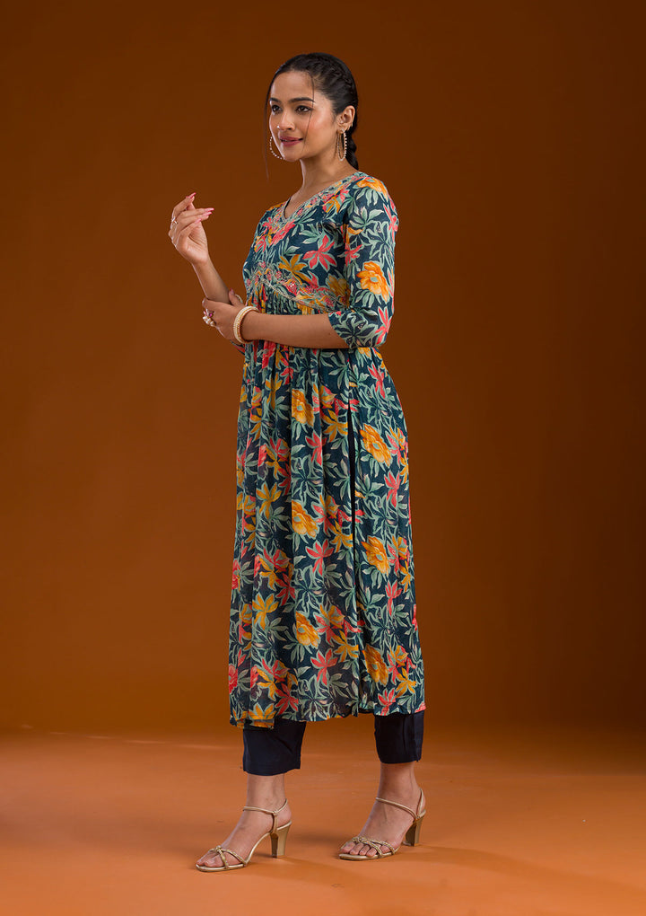 Navy Blue Threadwork Chiffon Readymade Salwar Suit