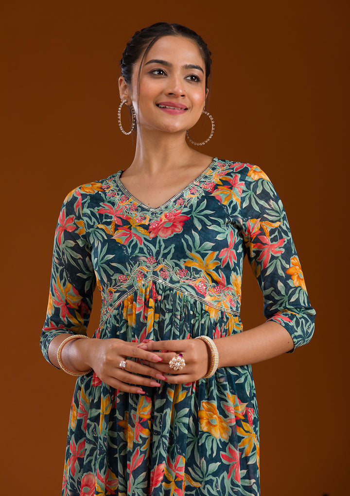 Navy Blue Threadwork Chiffon Readymade Salwar Suit
