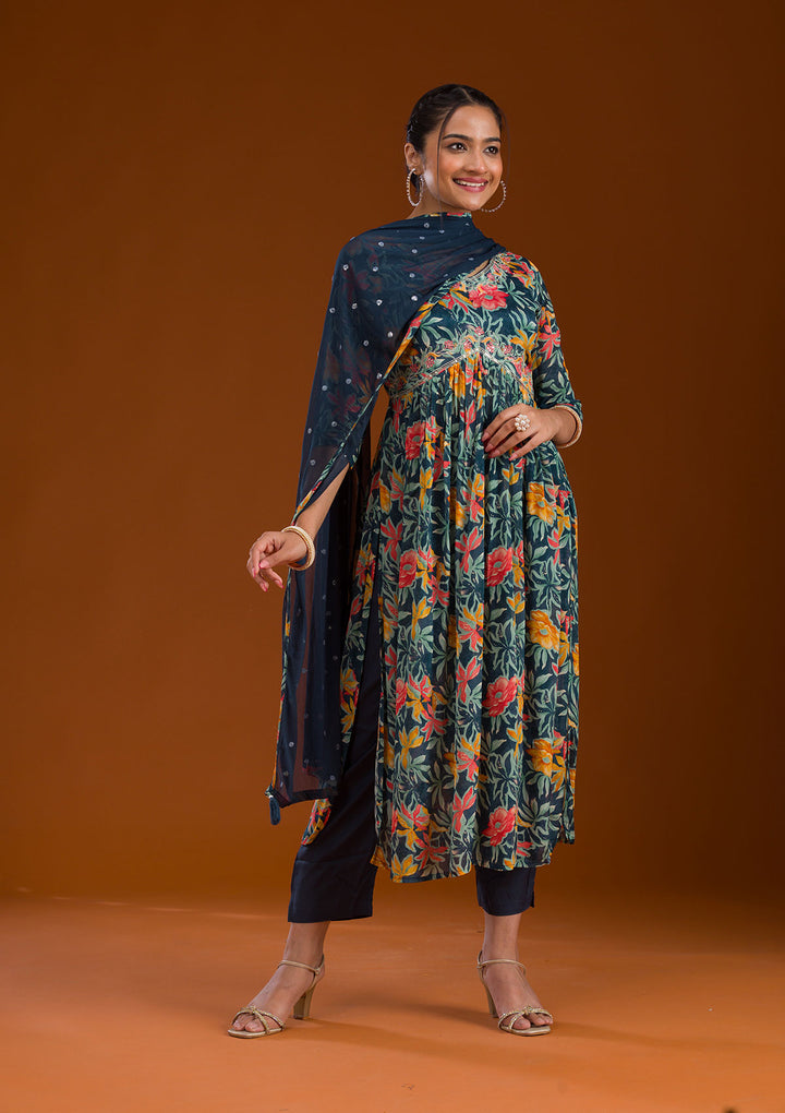 Navy Blue Threadwork Chiffon Readymade Salwar Suit