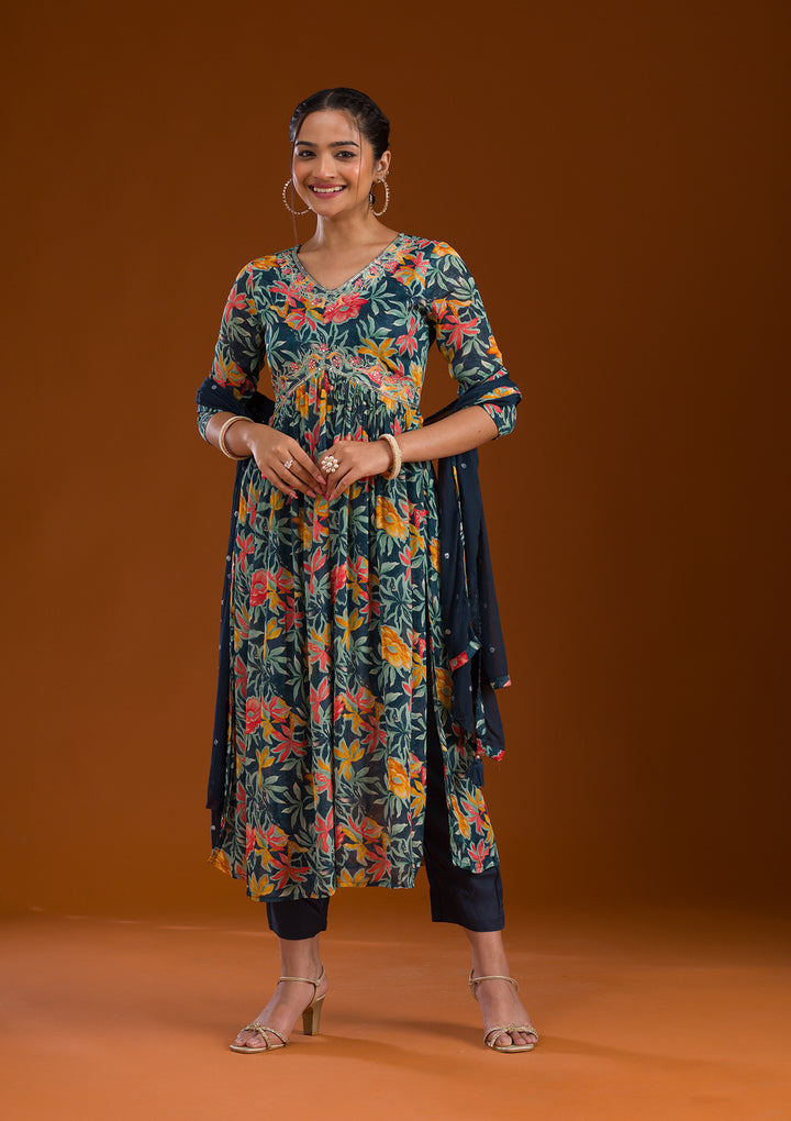 Navy Blue Threadwork Chiffon Readymade Salwar Suit
