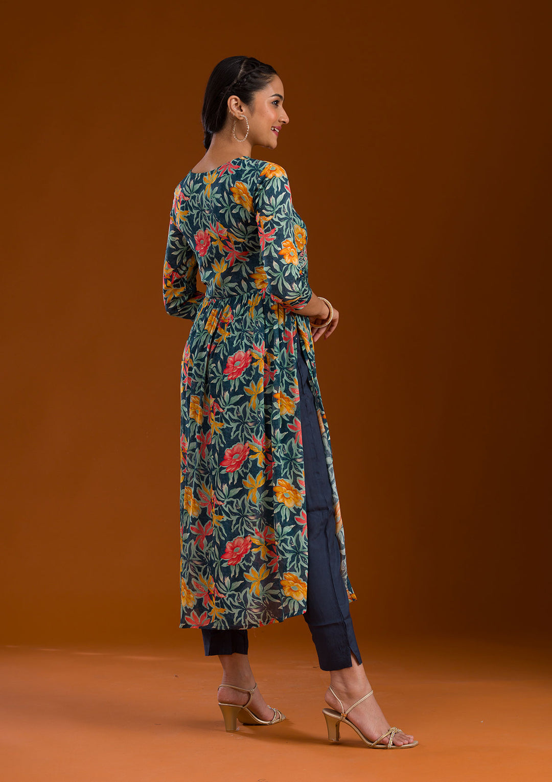 Navy Blue Threadwork Chiffon Readymade Salwar Suit