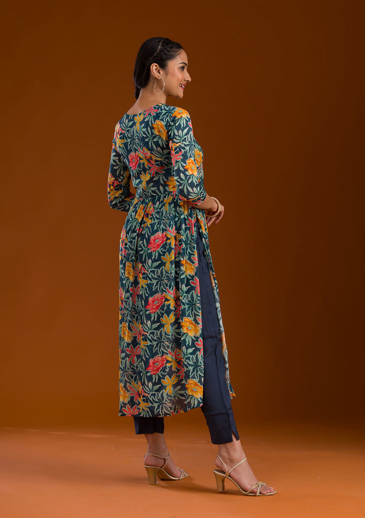 Navy Blue Threadwork Chiffon Readymade Salwar Suit