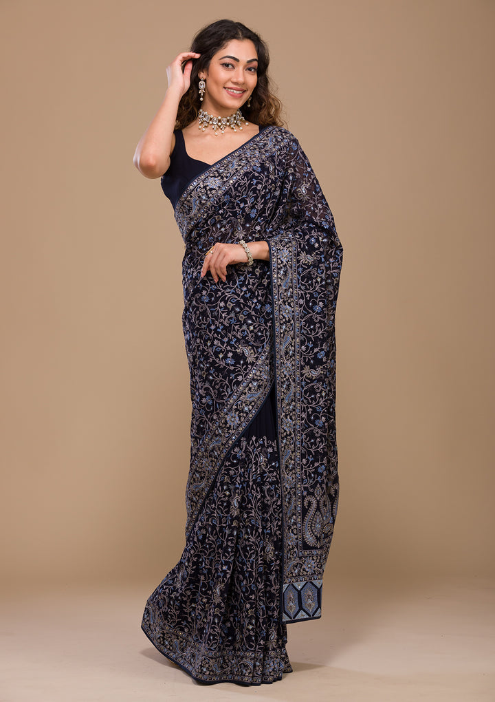 Navy Blue Threadwork Georgette Saree-Koskii