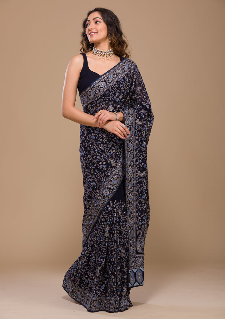 Navy Blue Threadwork Georgette Saree-Koskii