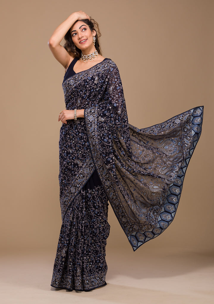 Navy Blue Threadwork Georgette Saree-Koskii