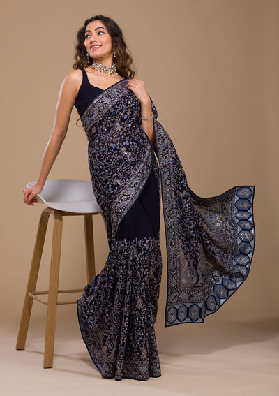 Navy Blue Threadwork Georgette Saree-Koskii