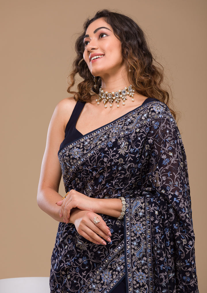 Navy Blue Threadwork Georgette Saree-Koskii