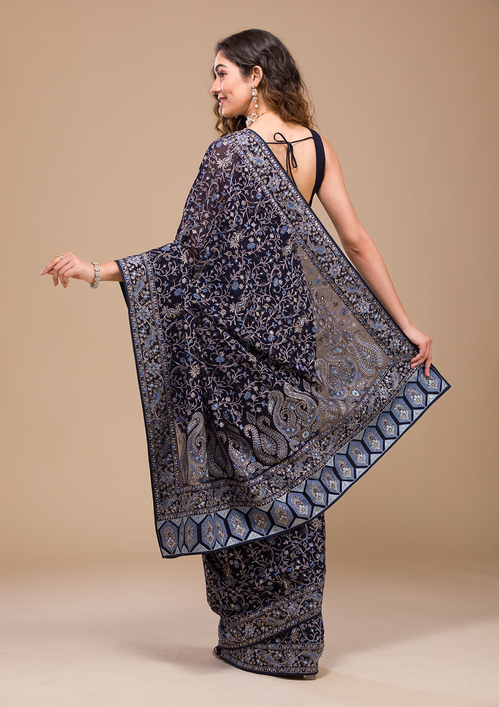 Navy Blue Threadwork Georgette Saree-Koskii