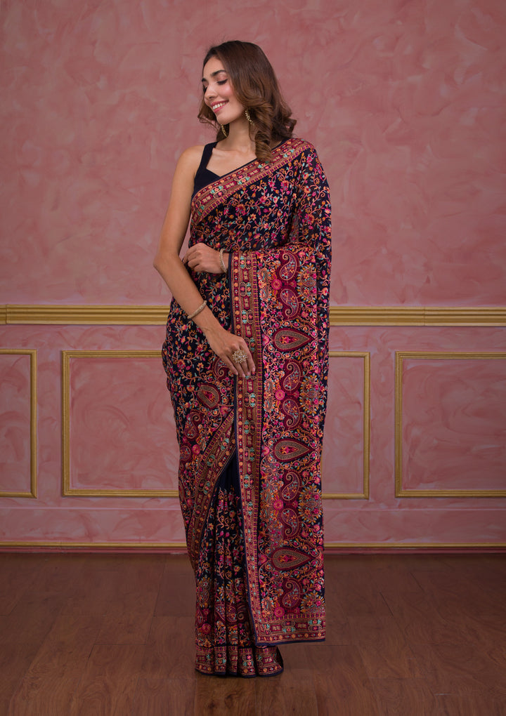 Navy Blue Threadwork Georgette Saree