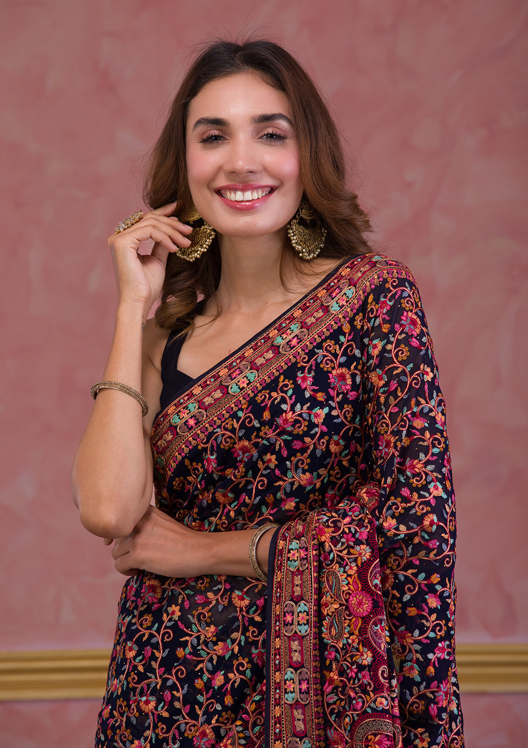 Navy Blue Threadwork Georgette Saree