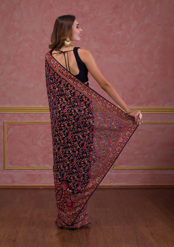 Navy Blue Threadwork Georgette Saree