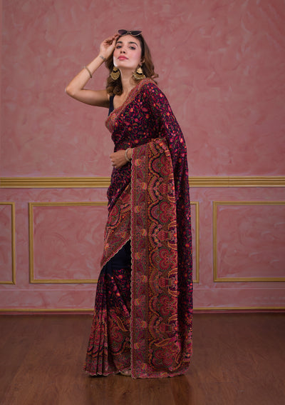 Navy Blue Threadwork Georgette Saree-Koskii