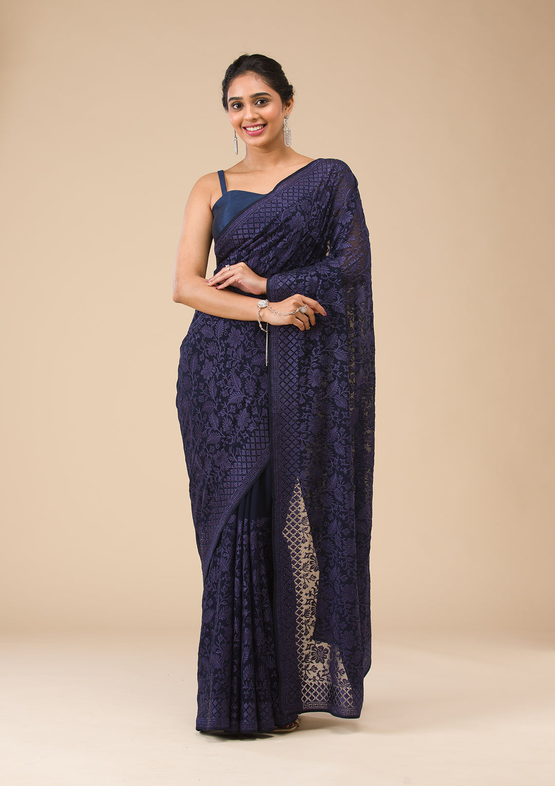 Navy Blue Threadwork Georgette Saree