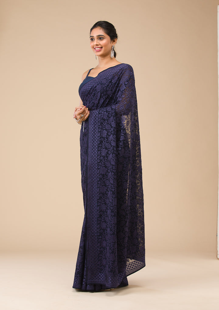 Navy Blue Threadwork Georgette Saree