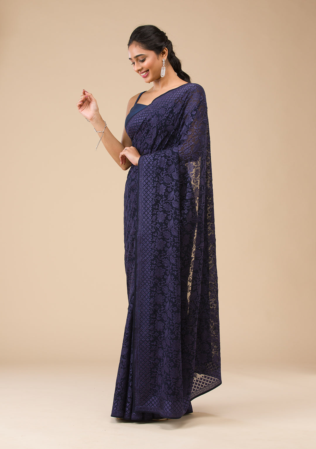 Navy Blue Threadwork Georgette Saree