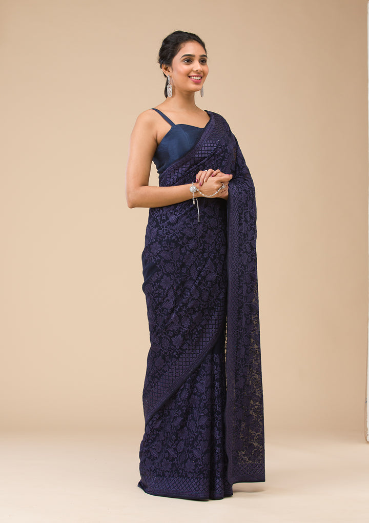 Navy Blue Threadwork Georgette Saree