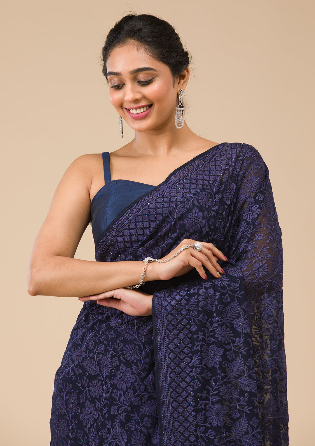 Navy Blue Threadwork Georgette Saree