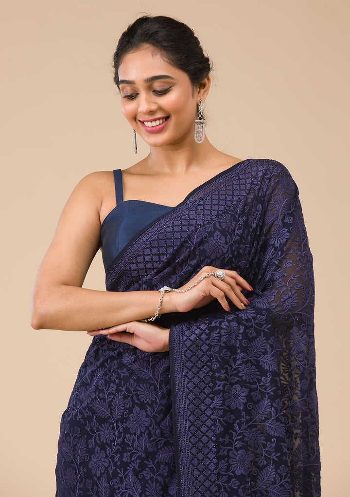 Navy Blue Threadwork Georgette Saree