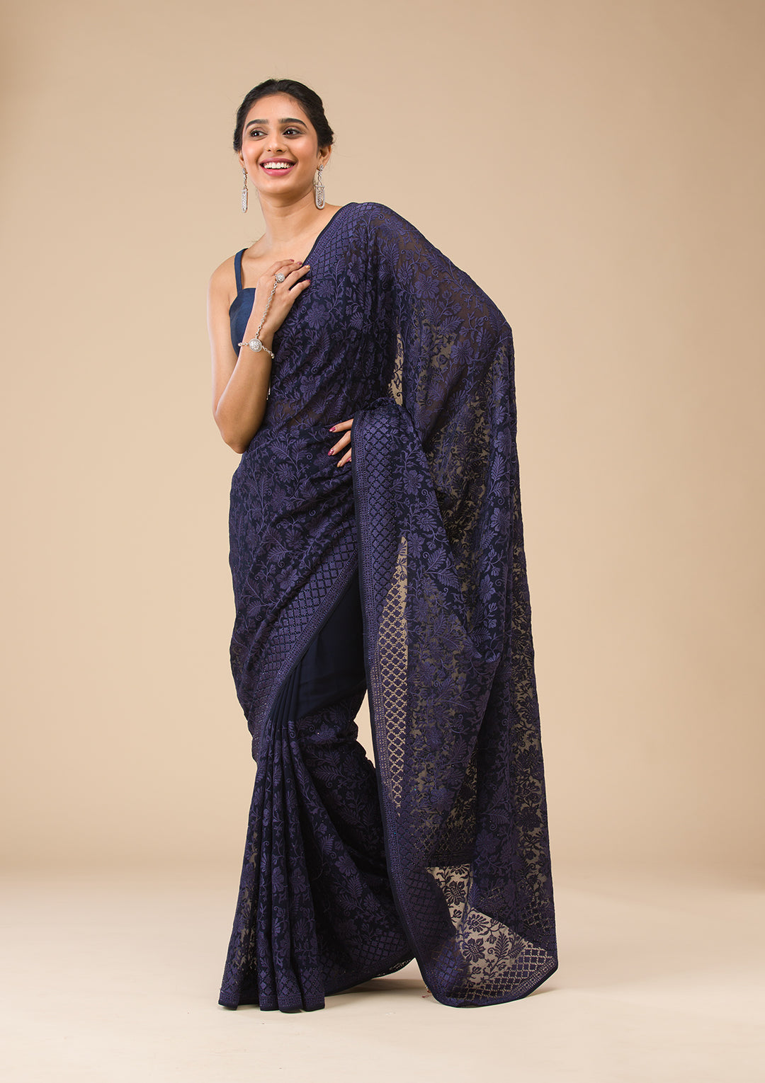 Navy Blue Threadwork Georgette Saree