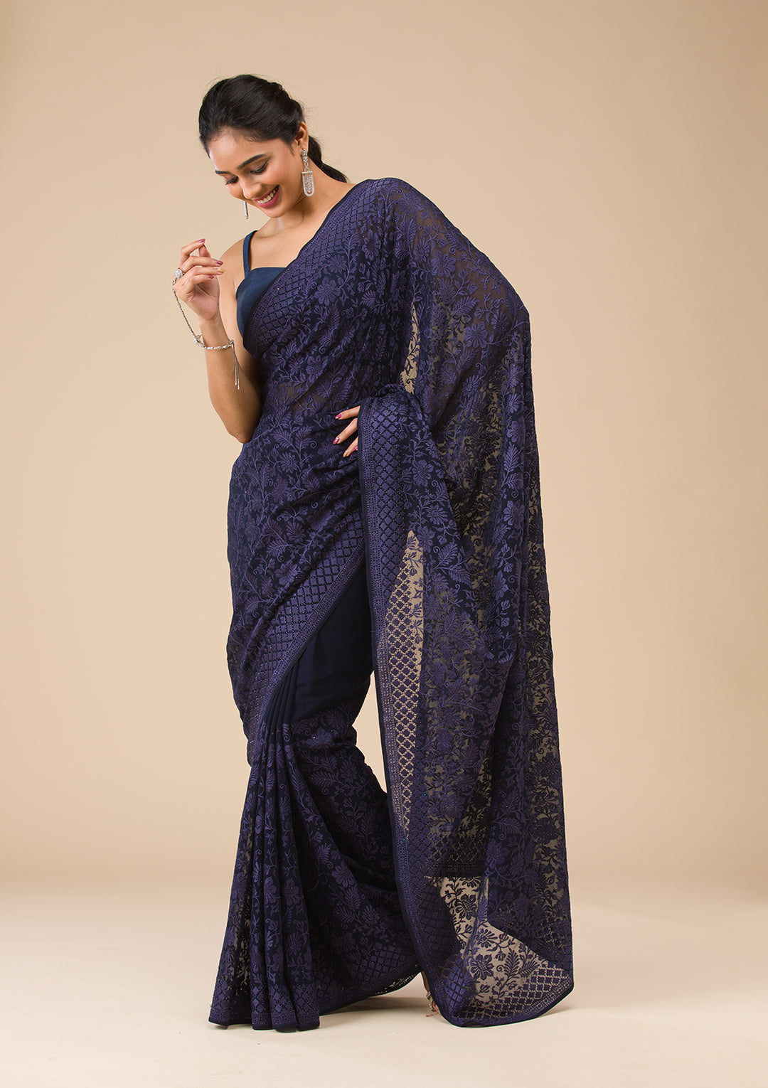 Navy Blue Threadwork Georgette Saree