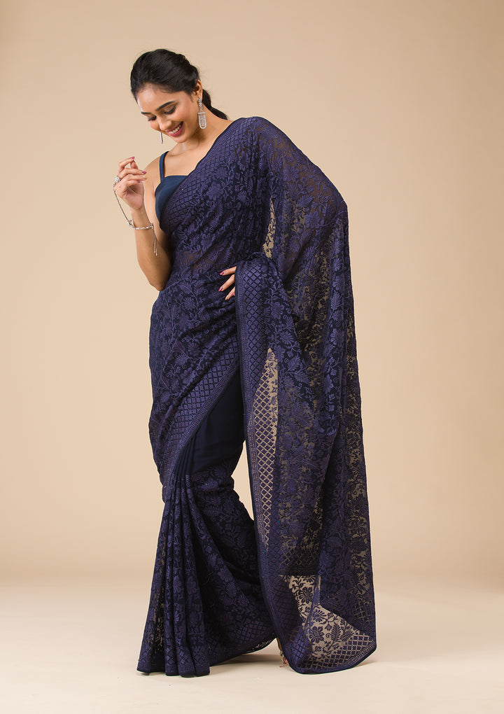Navy Blue Threadwork Georgette Saree