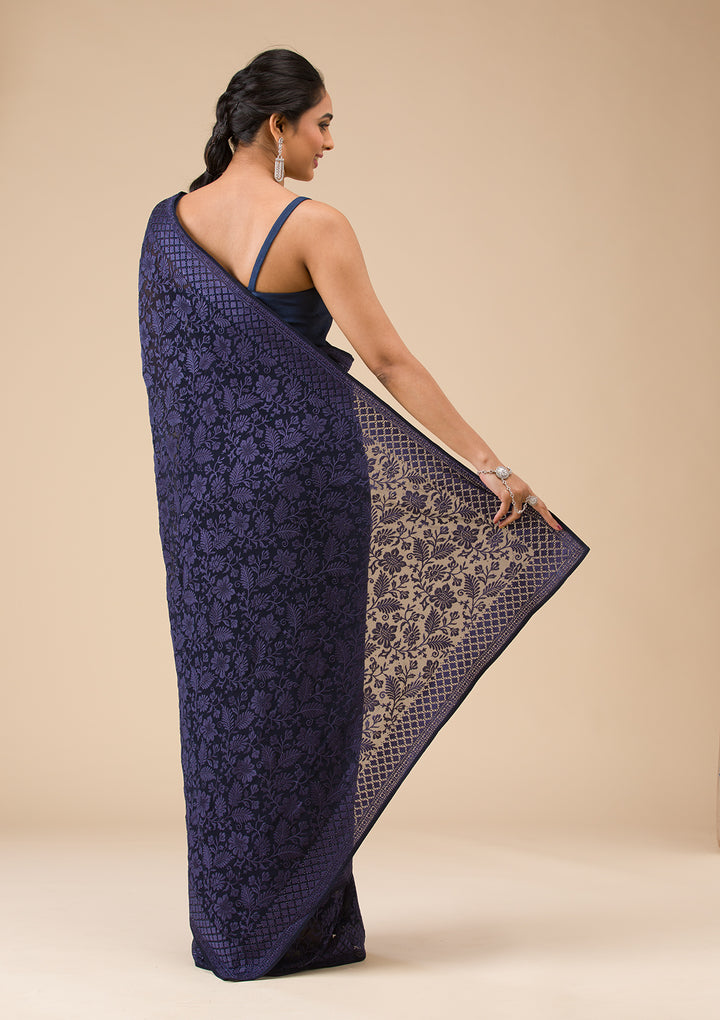 Navy Blue Threadwork Georgette Saree
